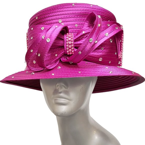 Women\'s designer couture satin ribbon hat church Kentucky derby Fuschia